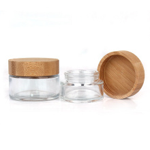 Luxury round 50ml glass face cream jars cosmetics with bamboo wood lid